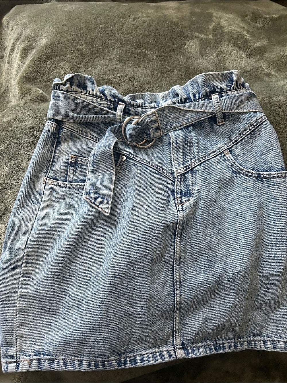 Divided Light Blue Denim Paperbag Waist Skirt with Belt